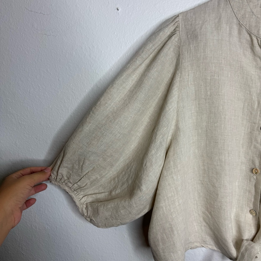 Lanhtropy Natural‎ Bubble Linen Crop Top Beige Tie Waist - Picture 4 of 7